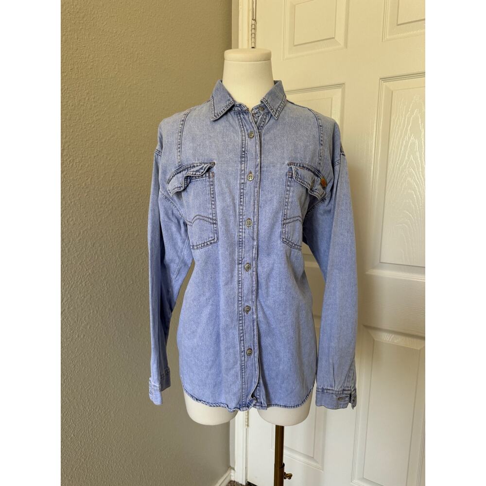VINTAGE Jordache Shirt Large Blue Jean Denim Button Up 80s 90s